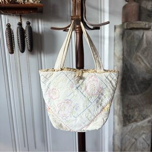 Vintage Handmade Patchwork Embroidered Cotton Tote Cottagecore Bag